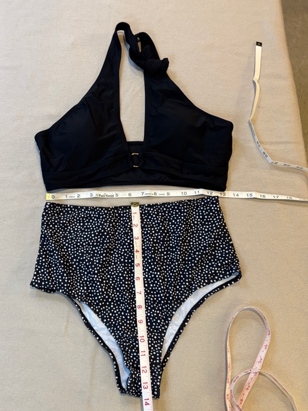 SHEIN Swim Black Halter High-Waist Bikini with White Dot Print Large